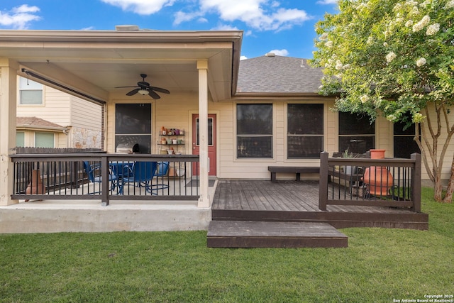 401 Canterbury, Cibolo, TX 78108 - wooden deck featuring ceiling fan and a lawn