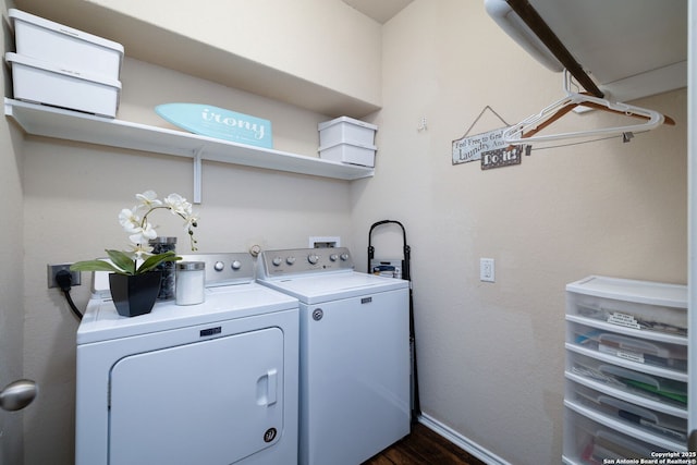 401 Canterbury, Cibolo, TX 78108 - washroom with washing machine and dryer and dark wood-style floors