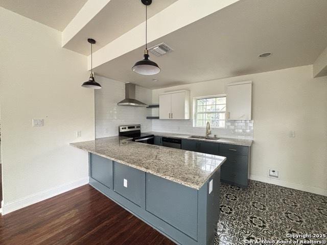 1014 Montana, San Antonio, TX 78203 - kitchen with wall chimney exhaust hood, stainless steel electric stove, a peninsula, white cabinetry, and tasteful backsplash