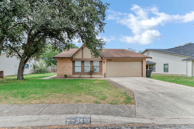 3410 Lone Valley St, San Antonio, TX 78247 - view of front of property featuring brick siding, an attached garage, concrete driveway, and a front lawn