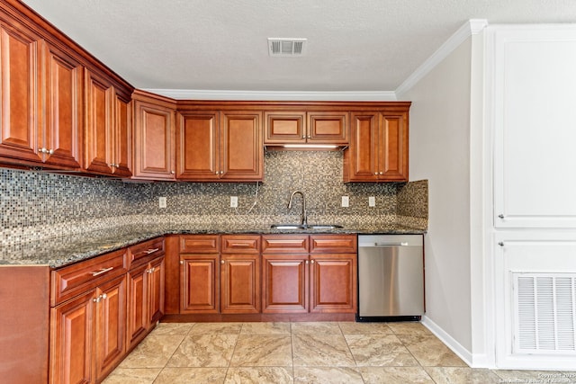3410 Lone Valley St, San Antonio, TX 78247 - kitchen with dishwasher, dark stone countertops, crown molding, and decorative backsplash