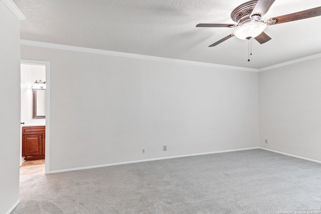 3410 Lone Valley St, San Antonio, TX 78247 - empty room with light colored carpet, crown molding, ceiling fan, and a textured ceiling