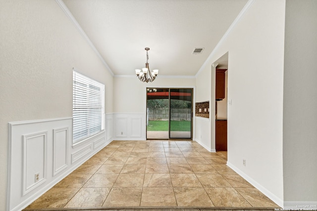 3410 Lone Valley St, San Antonio, TX 78247 - empty room with ornamental molding, a chandelier, a wainscoted wall, and a decorative wall