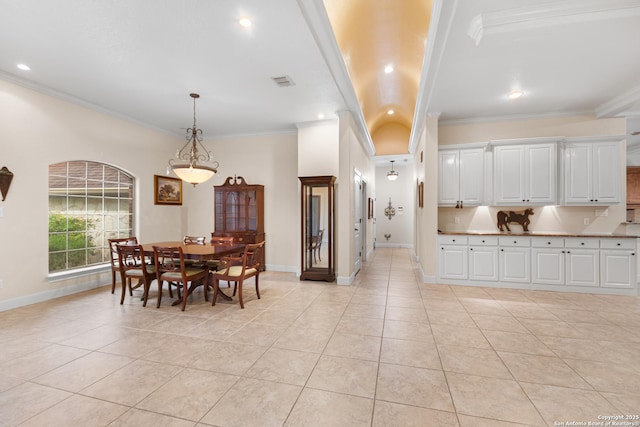 106 Oak Meadow Ln, Boerne, TX 78006 - dining room with light tile patterned flooring, ornamental molding, and recessed lighting