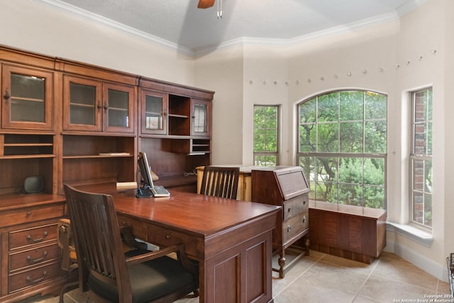 106 Oak Meadow Ln, Boerne, TX 78006 - office featuring ornamental molding, light tile patterned flooring, and ceiling fan