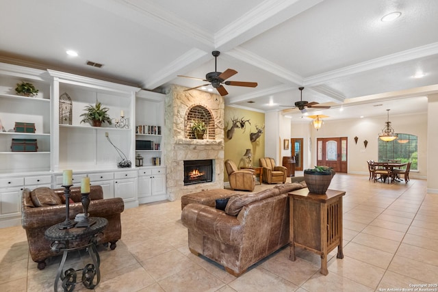 106 Oak Meadow Ln, Boerne, TX 78006 - living room with beam ceiling, ornamental molding, light tile patterned floors, coffered ceiling, and a stone fireplace