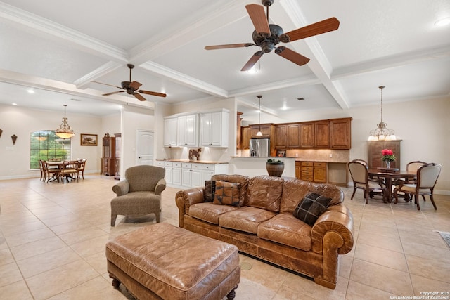 106 Oak Meadow Ln, Boerne, TX 78006 - living room with coffered ceiling, light tile patterned floors, beam ceiling, a ceiling fan, and crown molding