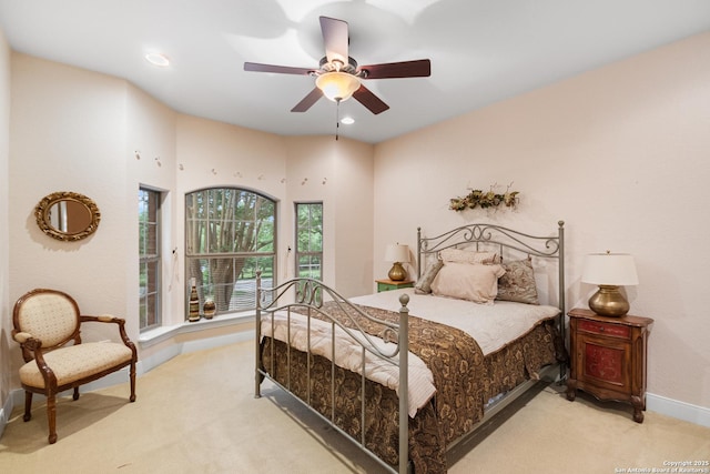 106 Oak Meadow Ln, Boerne, TX 78006 - bedroom featuring light carpet, a ceiling fan, and recessed lighting