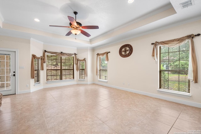 106 Oak Meadow Ln, Boerne, TX 78006 - unfurnished living room with a raised ceiling, ornamental molding, tile patterned flooring, ceiling fan, and recessed lighting