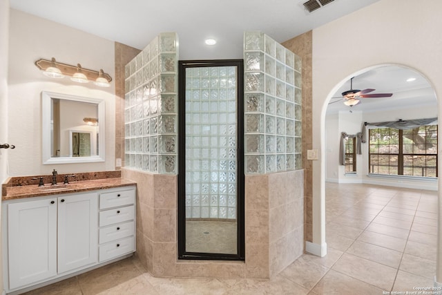 106 Oak Meadow Ln, Boerne, TX 78006 - bathroom featuring a walk in shower, vanity, tile patterned floors, and ceiling fan