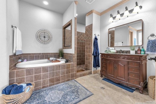 27306 Dana Crk, Boerne, TX 78015 - bathroom featuring a garden tub, vanity, walk in shower, tile patterned floors, and ornamental molding