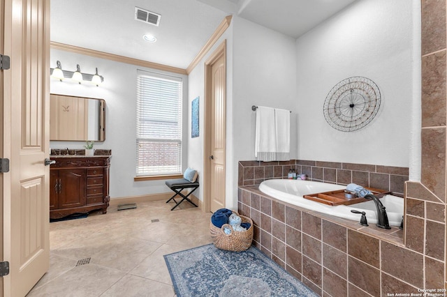 27306 Dana Crk, Boerne, TX 78015 - bathroom featuring vanity, a bath, tile patterned flooring, and ornamental molding