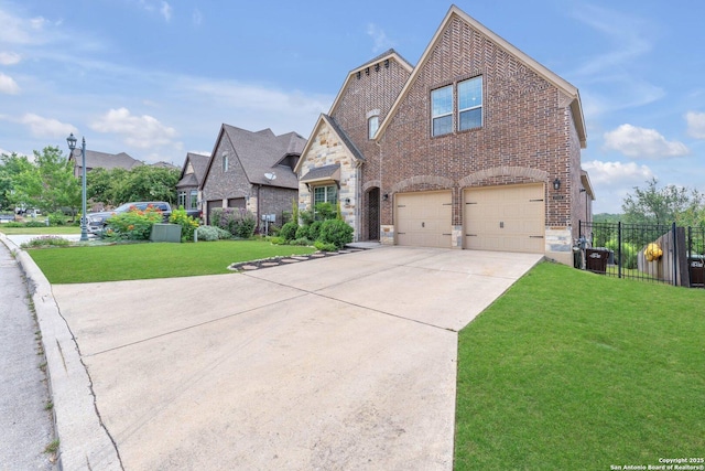 27306 Dana Crk, Boerne, TX 78015 - french country style house with brick siding, a garage, concrete driveway, and stone siding