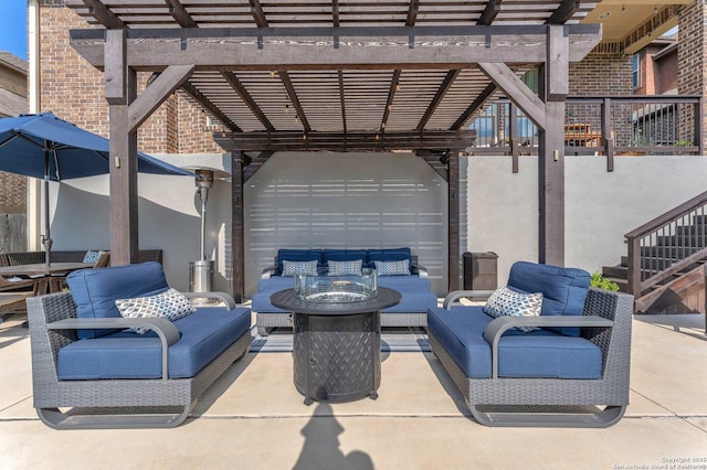 27306 Dana Crk, Boerne, TX 78015 - view of patio / terrace with a pergola, an outdoor living space with a fire pit, and stairs