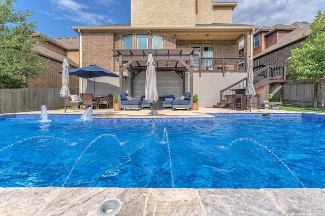 27306 Dana Crk, Boerne, TX 78015 - view of pool featuring stairs, a pergola, an outdoor hangout area, a fenced backyard, and a patio area