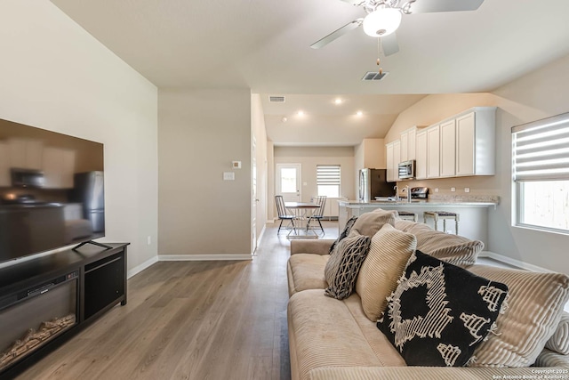13609 Mineral Wl, San Antonio, TX 78253 - living area featuring plenty of natural light, light wood-style floors, a ceiling fan, and vaulted ceiling
