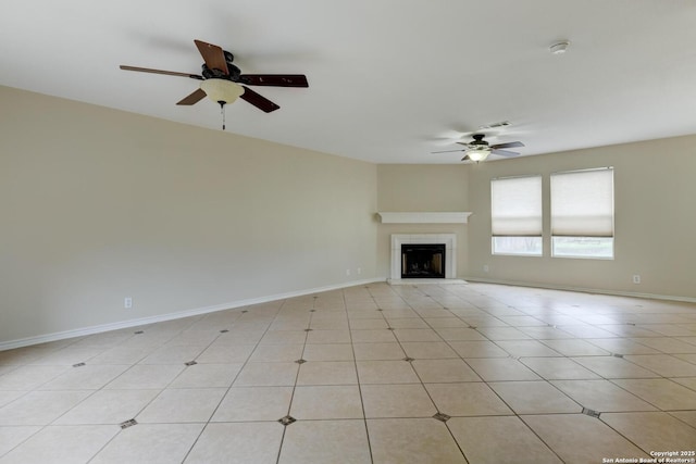 11906 Creek Peak, San Antonio, TX 78253 - unfurnished living room featuring a ceiling fan and a fireplace