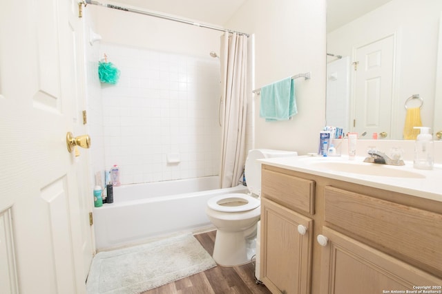 9075-1 W Foxgrove Way, San Antonio, TX 78251 - bathroom featuring vanity, shower / tub combo with curtain, and wood finished floors