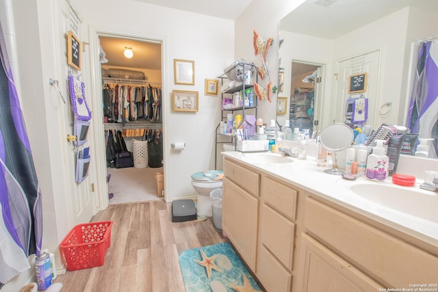 9075-1 W Foxgrove Way, San Antonio, TX 78251 - bathroom featuring wood finished floors, double vanity, and a spacious closet