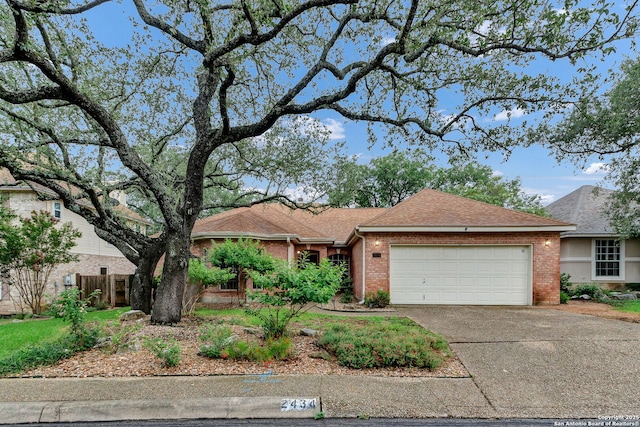 2434 Trace Oak, San Antonio, TX 78232 - ranch-style house with brick siding, a garage, a shingled roof, and concrete driveway