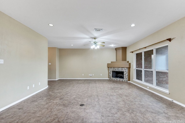 2434 Trace Oak, San Antonio, TX 78232 - unfurnished living room featuring ceiling fan, recessed lighting, and a fireplace