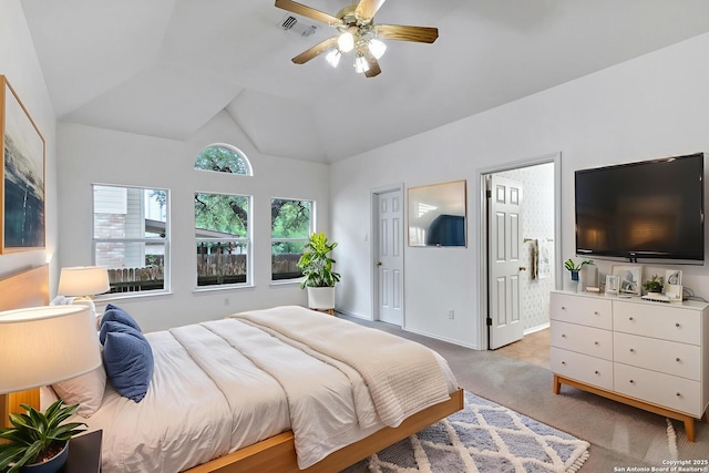 2434 Trace Oak, San Antonio, TX 78232 - bedroom featuring light carpet, lofted ceiling, connected bathroom, and ceiling fan
