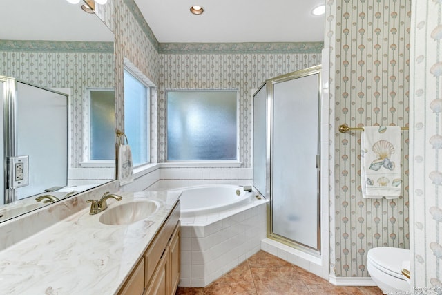 2434 Trace Oak, San Antonio, TX 78232 - bathroom featuring wallpapered walls, vanity, a shower stall, a bath, and tile patterned flooring