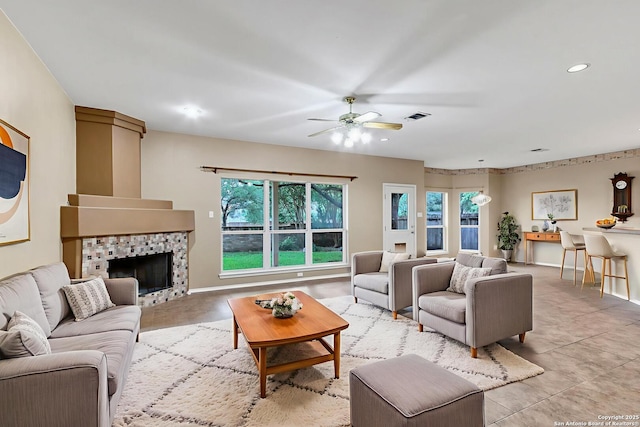 2434 Trace Oak, San Antonio, TX 78232 - living area featuring a ceiling fan, a fireplace, and recessed lighting