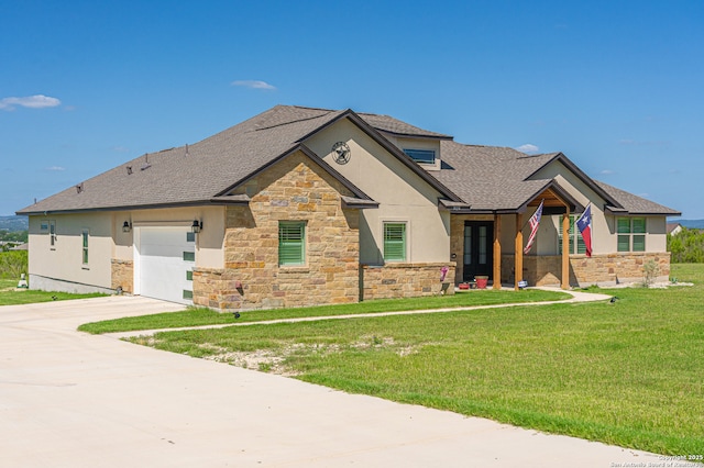 919 Pinto Cyn, Bandera, TX 78003 - view of front of property featuring stone siding, stucco siding, a front yard, and concrete driveway