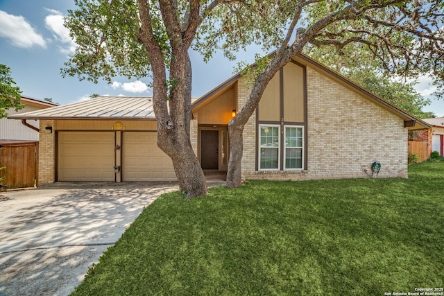 2814 Rim Rock, San Antonio, TX 78251 - mid-century home featuring a standing seam roof, an attached garage, concrete driveway, brick siding, and a metal roof