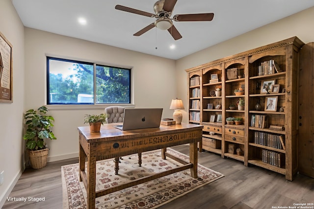 11115 Rendezvous, San Antonio, TX 78216 - office with a ceiling fan, wood finished floors, and recessed lighting
