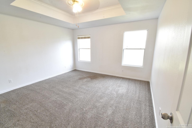 1510 June Berry, San Antonio, TX 78260 - carpeted spare room featuring a tray ceiling, ornamental molding, and ceiling fan