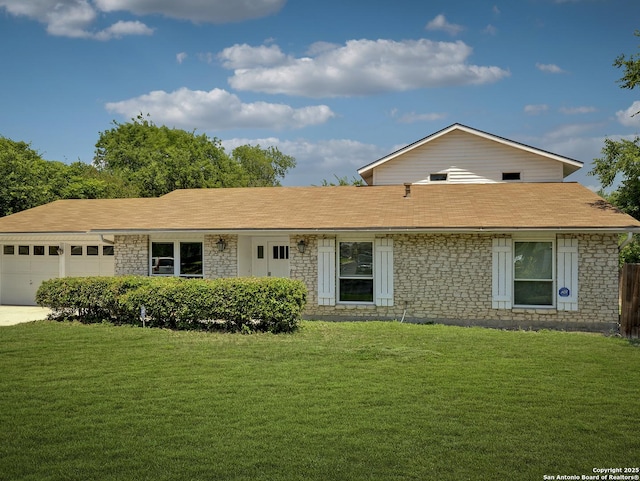 8302 Hastings, San Antonio, TX 78239 - ranch-style house with a garage, a front yard, a shingled roof, and stone siding