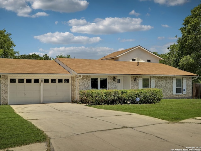 8302 Hastings, San Antonio, TX 78239 - single story home with an attached garage, stone siding, concrete driveway, a front yard, and roof with shingles