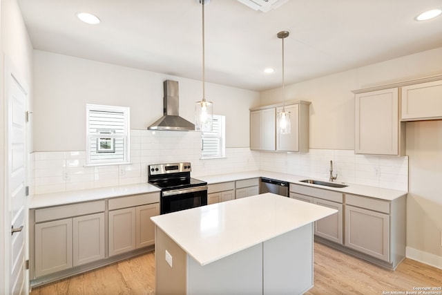 419 Ira Ave Unit 1101, San Antonio, TX 78209 - kitchen with appliances with stainless steel finishes, wall chimney range hood, gray cabinets, tasteful backsplash, and recessed lighting