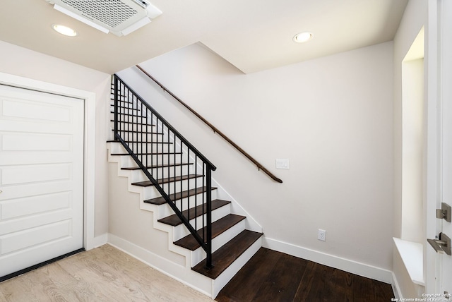 419 Ira Ave Unit 1102, San Antonio, TX 78209 - staircase with wood finished floors and recessed lighting