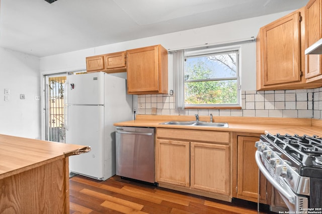 231 Craigmont, San Antonio, TX 78213 - kitchen with appliances with stainless steel finishes, wood finished floors, tasteful backsplash, and wooden counters