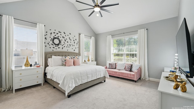 212 Wentworth, Spring Branch, TX 78070 - bedroom with high vaulted ceiling, light colored carpet, and a ceiling fan