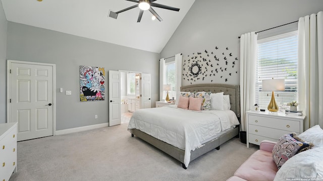 212 Wentworth, Spring Branch, TX 78070 - bedroom featuring high vaulted ceiling, light carpet, ensuite bathroom, and ceiling fan