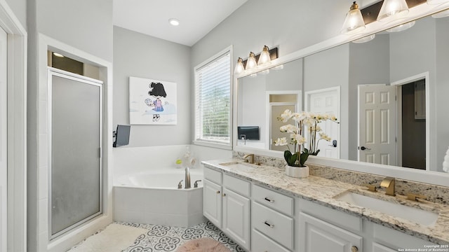 212 Wentworth, Spring Branch, TX 78070 - full bathroom featuring a stall shower, a bath, double vanity, and tile patterned floors