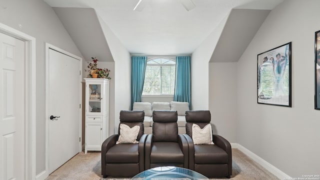 212 Wentworth, Spring Branch, TX 78070 - cinema room featuring light colored carpet, vaulted ceiling, and ceiling fan