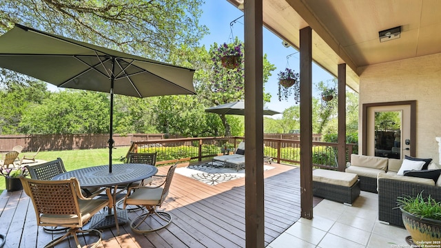 212 Wentworth, Spring Branch, TX 78070 - wooden terrace with outdoor dining area, a fenced backyard, and an outdoor hangout area