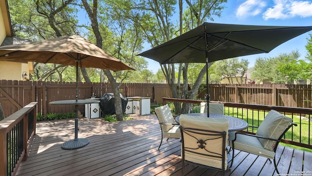 212 Wentworth, Spring Branch, TX 78070 - wooden terrace with outdoor dining space, a fenced backyard, and grilling area