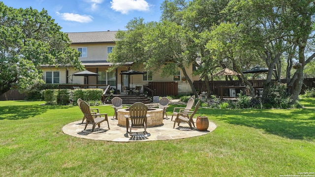 212 Wentworth, Spring Branch, TX 78070 - view of yard featuring a fire pit, a gazebo, a deck, and a patio