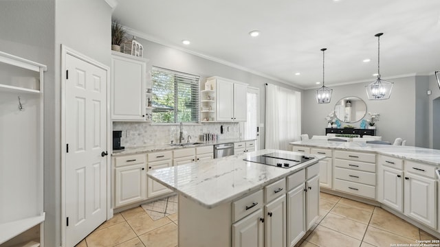 212 Wentworth, Spring Branch, TX 78070 - kitchen with a kitchen island, decorative backsplash, light tile patterned floors, white cabinetry, and dishwasher