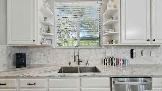 212 Wentworth, Spring Branch, TX 78070 - kitchen featuring open shelves, stainless steel dishwasher, white cabinetry, backsplash, and light stone countertops