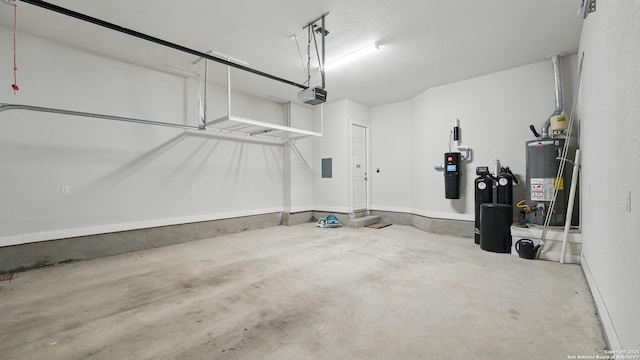 1606 Folk Victorian, New Braunfels, TX 78132 - garage with water heater, electric panel, and a garage door opener