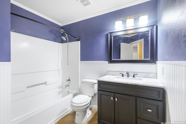 9003 Timber Frk, San Antonio, TX 78250 - full bath with a wainscoted wall, vanity, crown molding, washtub / shower combination, and wood finished floors