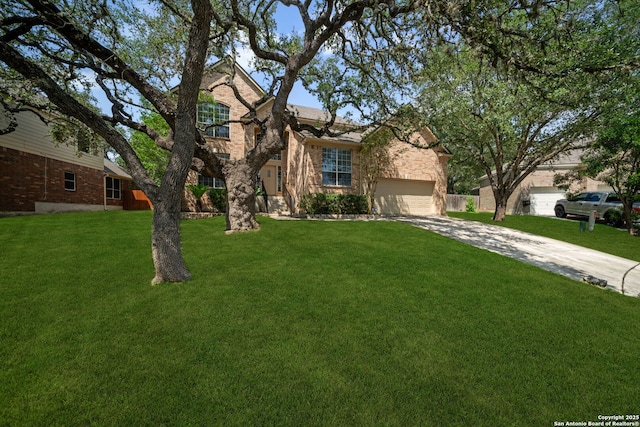 3837 Arroyo Seco, Schertz, TX 78154 - view of property hidden behind natural elements with driveway, brick siding, and a front lawn