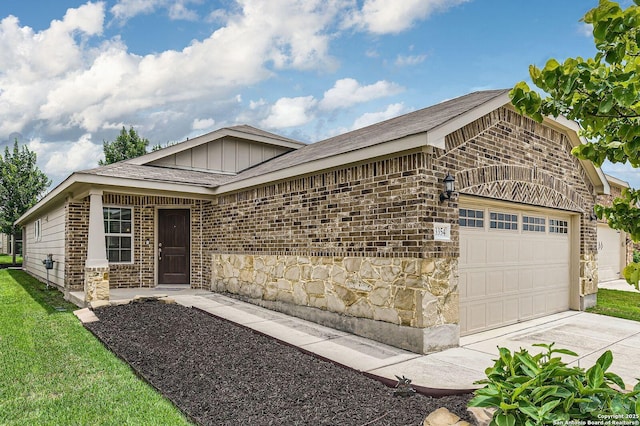 3354 Blossom Row, San Antonio, TX 78253 - single story home featuring a garage, stone siding, driveway, brick siding, and roof with shingles